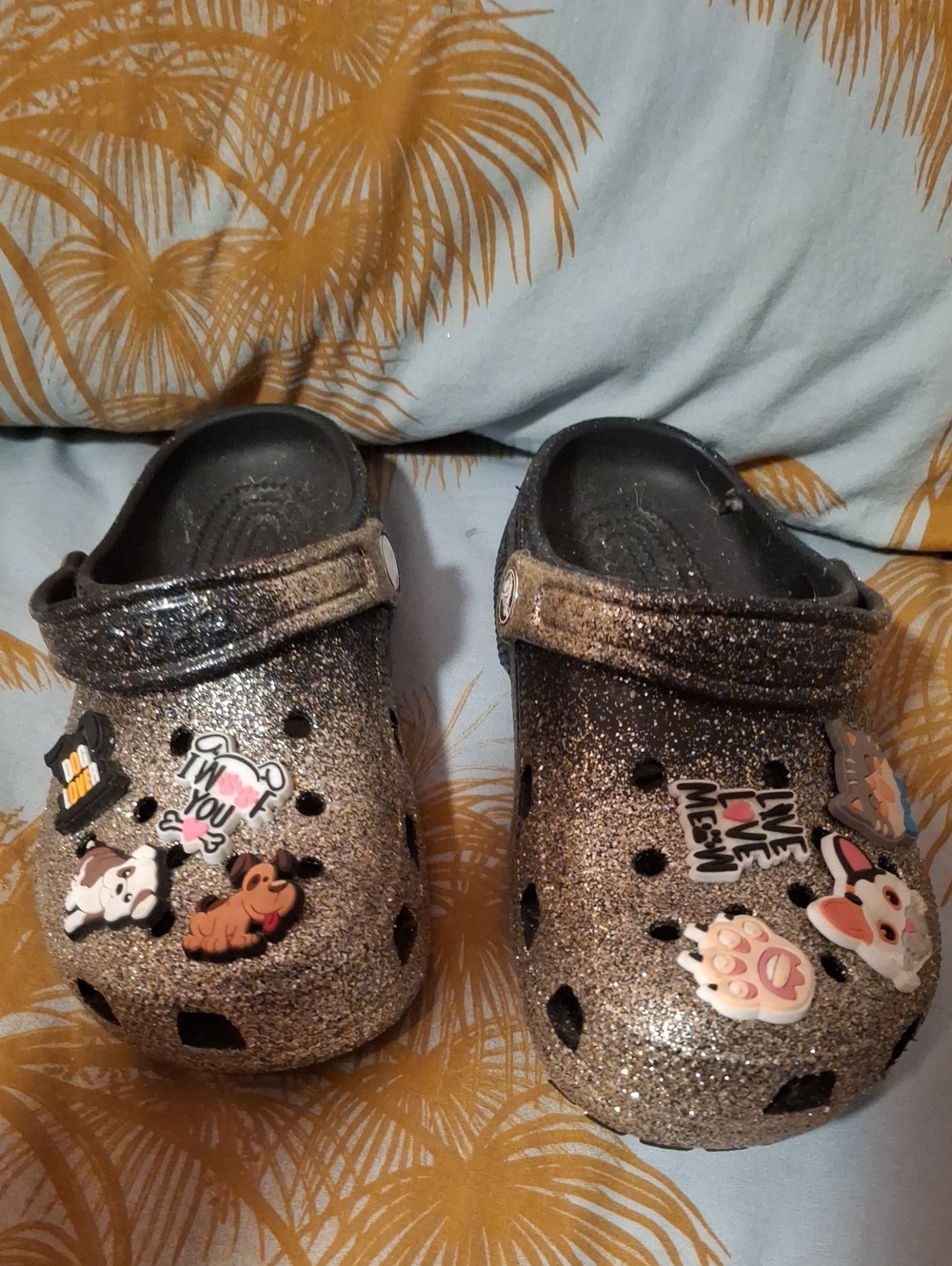 Ladies Size 5 Black Glitter Crocs Clogs with Cute Charms